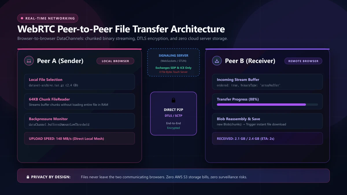 Cover image for WebRTC Peer-to-Peer File Transfer: How to Build It (Relay Case Study)