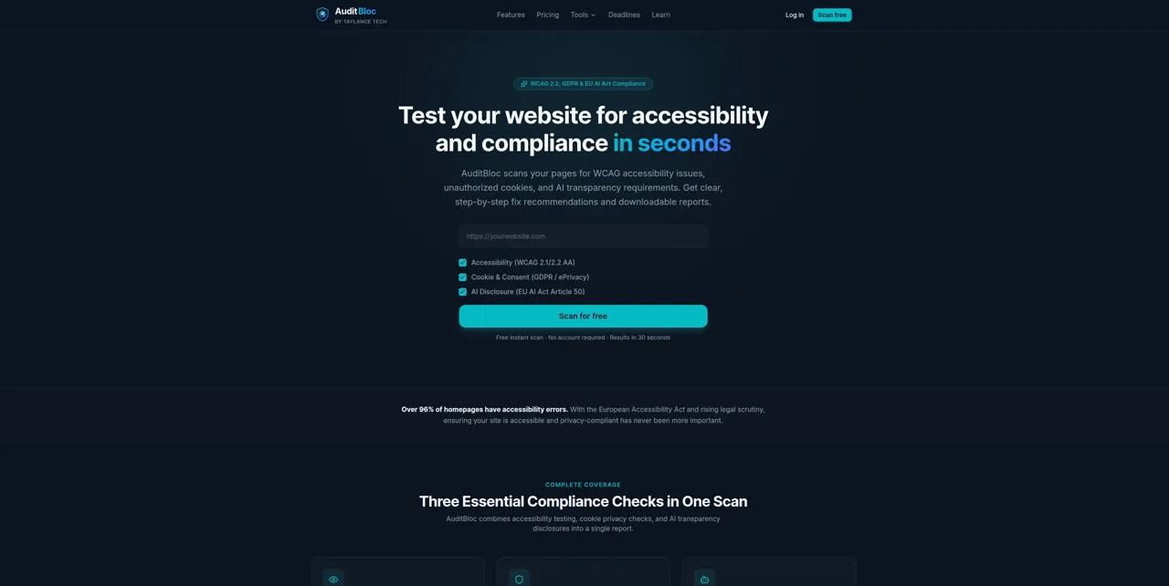 AuditBloc accessibility scanner AuditBloc scanner dashboard showing accessibility check results — built by Tayyab