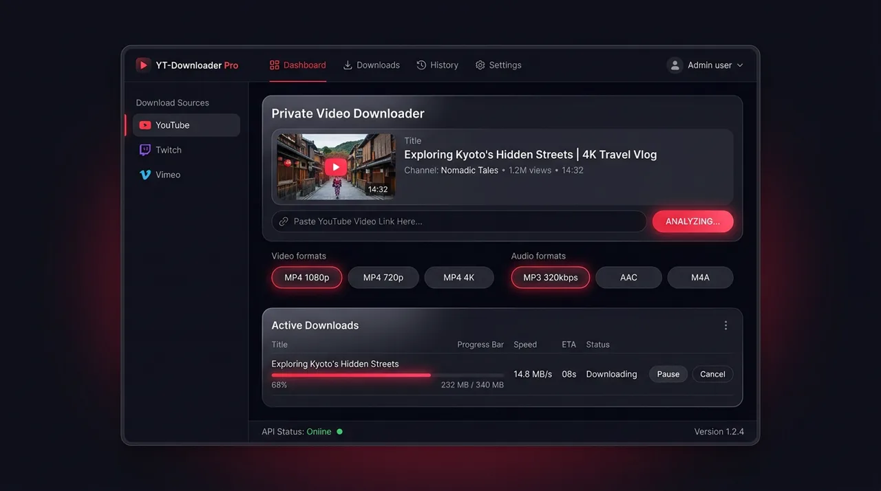YouTube Video Downloader — Private Archival Tool YouTube Video Downloader web app interface built with Next.js, yt-dlp, and FFmpeg